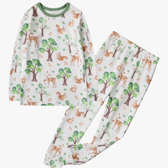 NWOT Organic Cotton Long John Pajama Set in Forest Deer by Owlivia - 4T - Picture 1 of 10